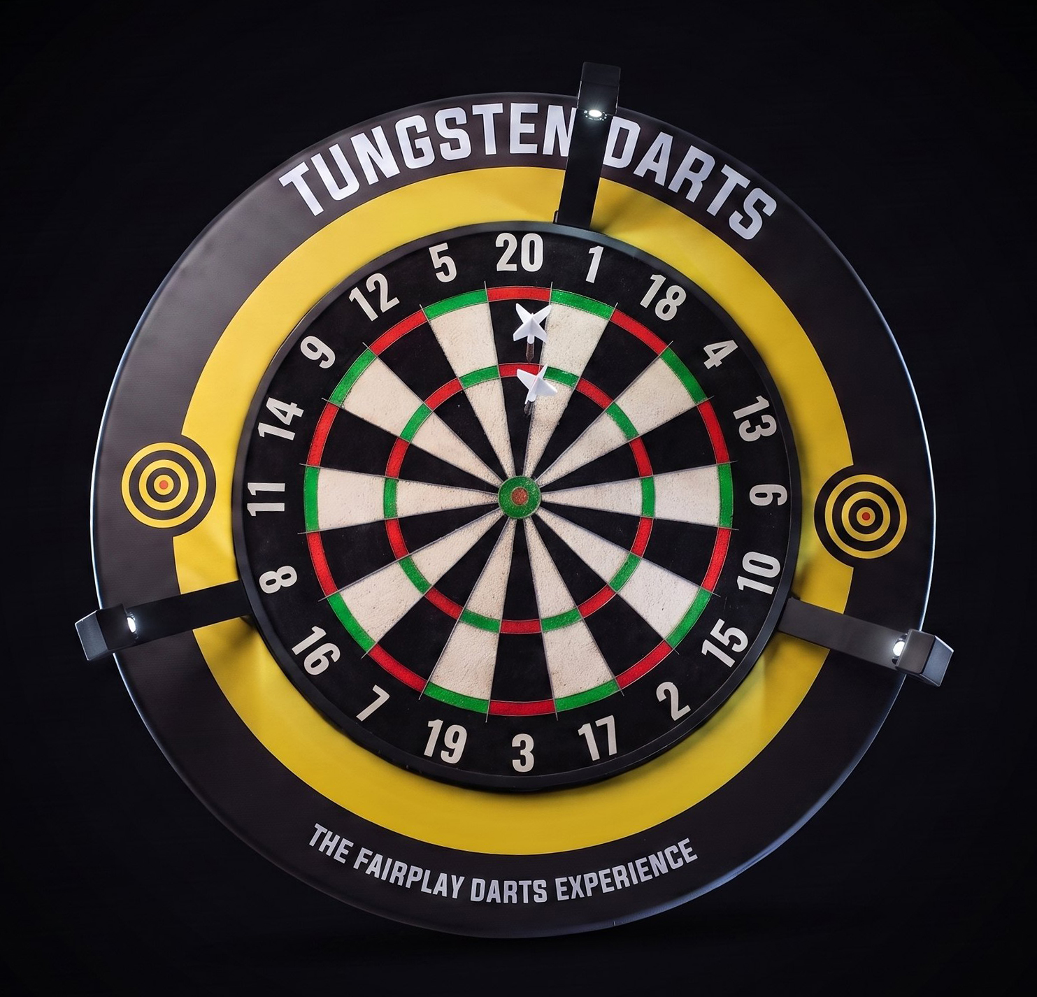 The Vision Kit mounted on a Tungsten Darts dartboard, three cameras on their strap